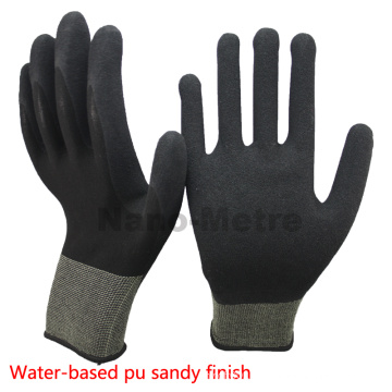 NMSAFETY EN388 4131 13g de malha de nylon preto palm revestido à base de água PU trabalho / luva de segurança de boa qualidade